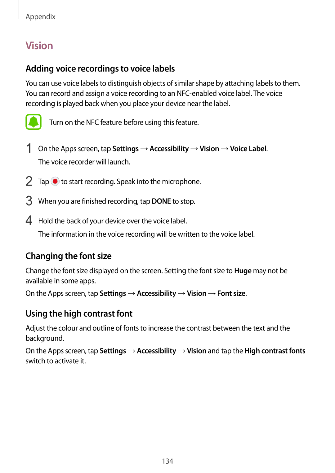 Samsung SM-G925IZDAKSA manual Vision, Adding voice recordings to voice labels, Changing the font size 