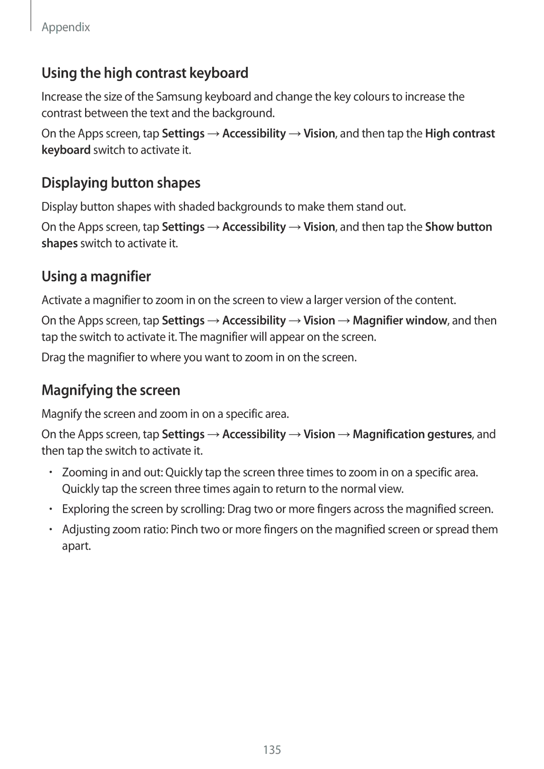 Samsung SM-G925IZDAKSA manual Using the high contrast keyboard, Displaying button shapes, Using a magnifier 