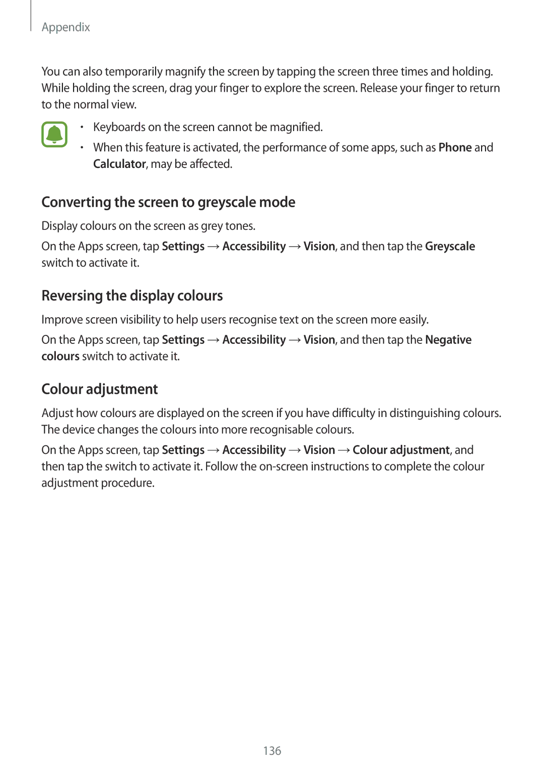 Samsung SM-G925IZDAKSA manual Converting the screen to greyscale mode, Reversing the display colours, Colour adjustment 