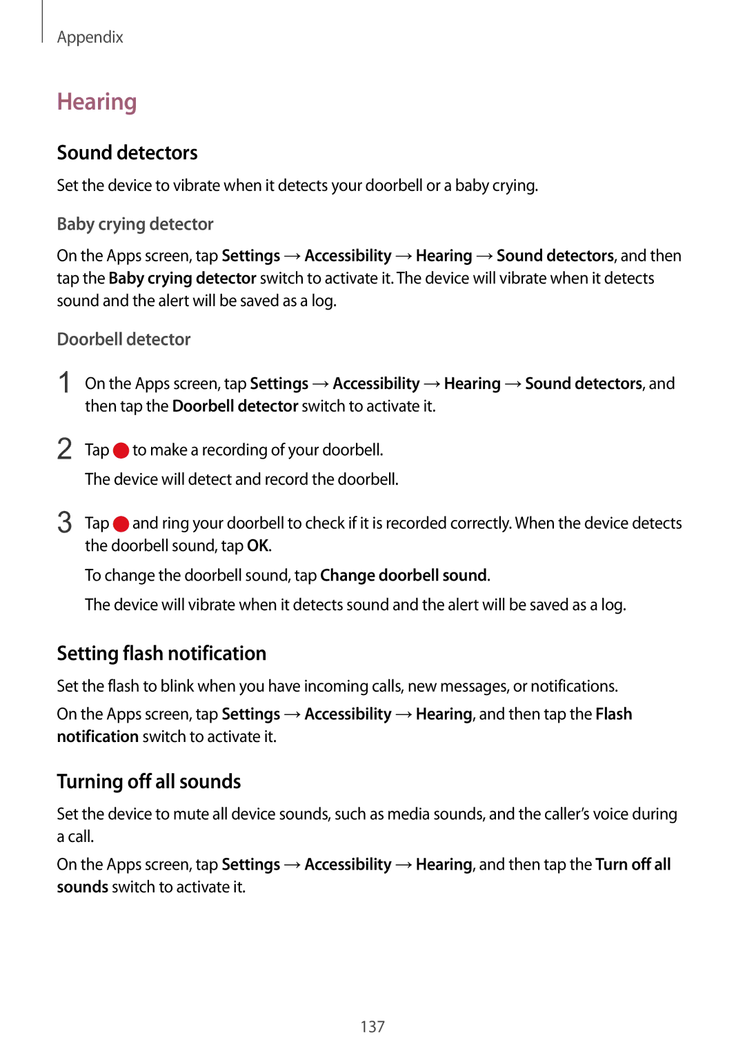 Samsung SM-G925IZDAKSA manual Hearing, Sound detectors, Setting flash notification, Turning off all sounds 