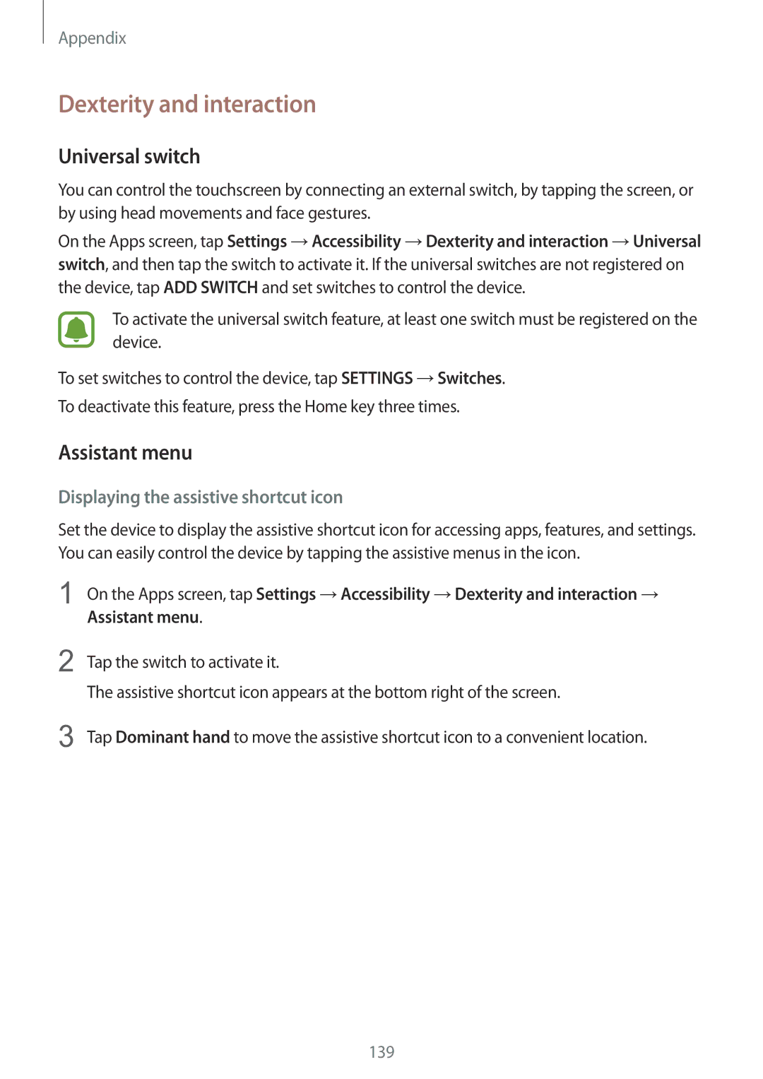 Samsung SM-G925IZDAKSA manual Dexterity and interaction, Universal switch, Assistant menu 