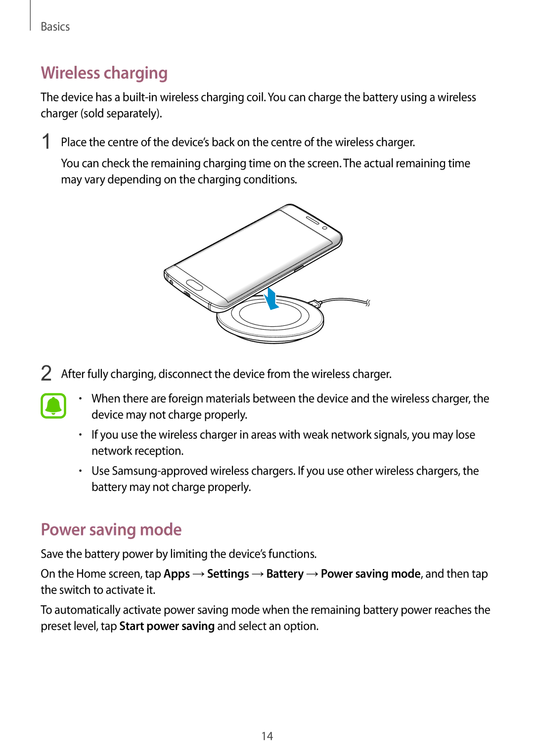 Samsung SM-G925IZDAKSA Wireless charging, Power saving mode, Save the battery power by limiting the device’s functions 