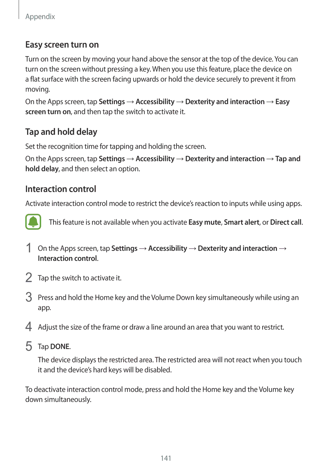 Samsung SM-G925IZDAKSA manual Easy screen turn on, Tap and hold delay, Interaction control 