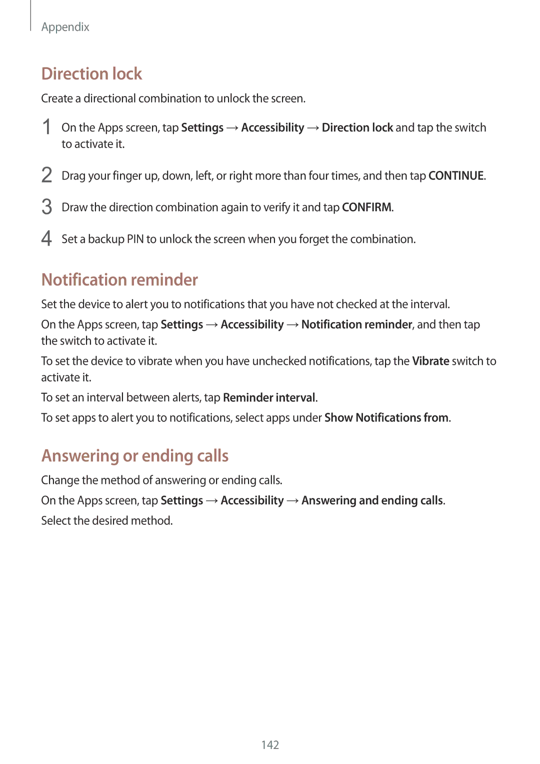 Samsung SM-G925IZDAKSA manual Direction lock, Notification reminder, Answering or ending calls 