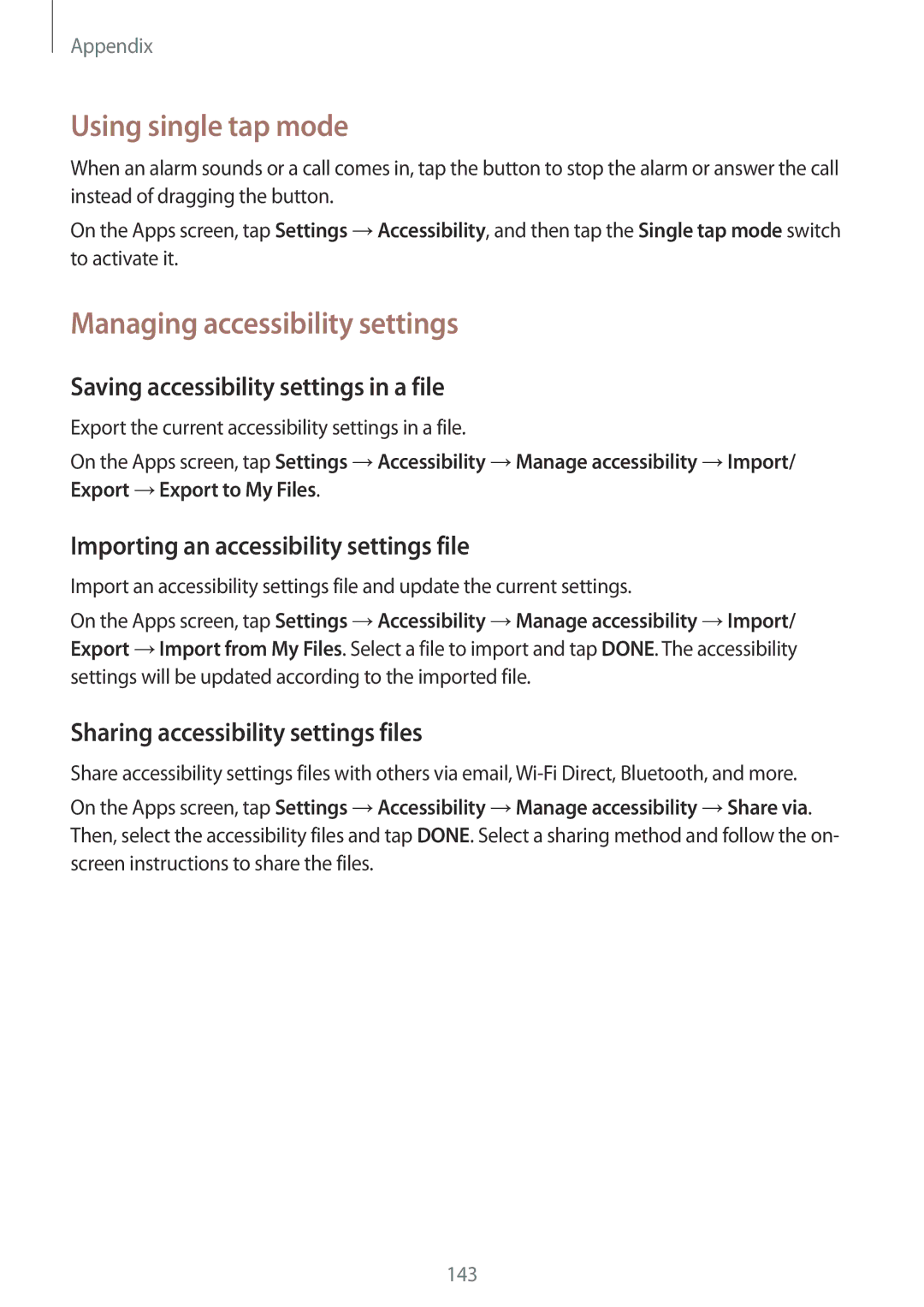 Samsung SM-G925IZDAKSA Using single tap mode, Managing accessibility settings, Saving accessibility settings in a file 