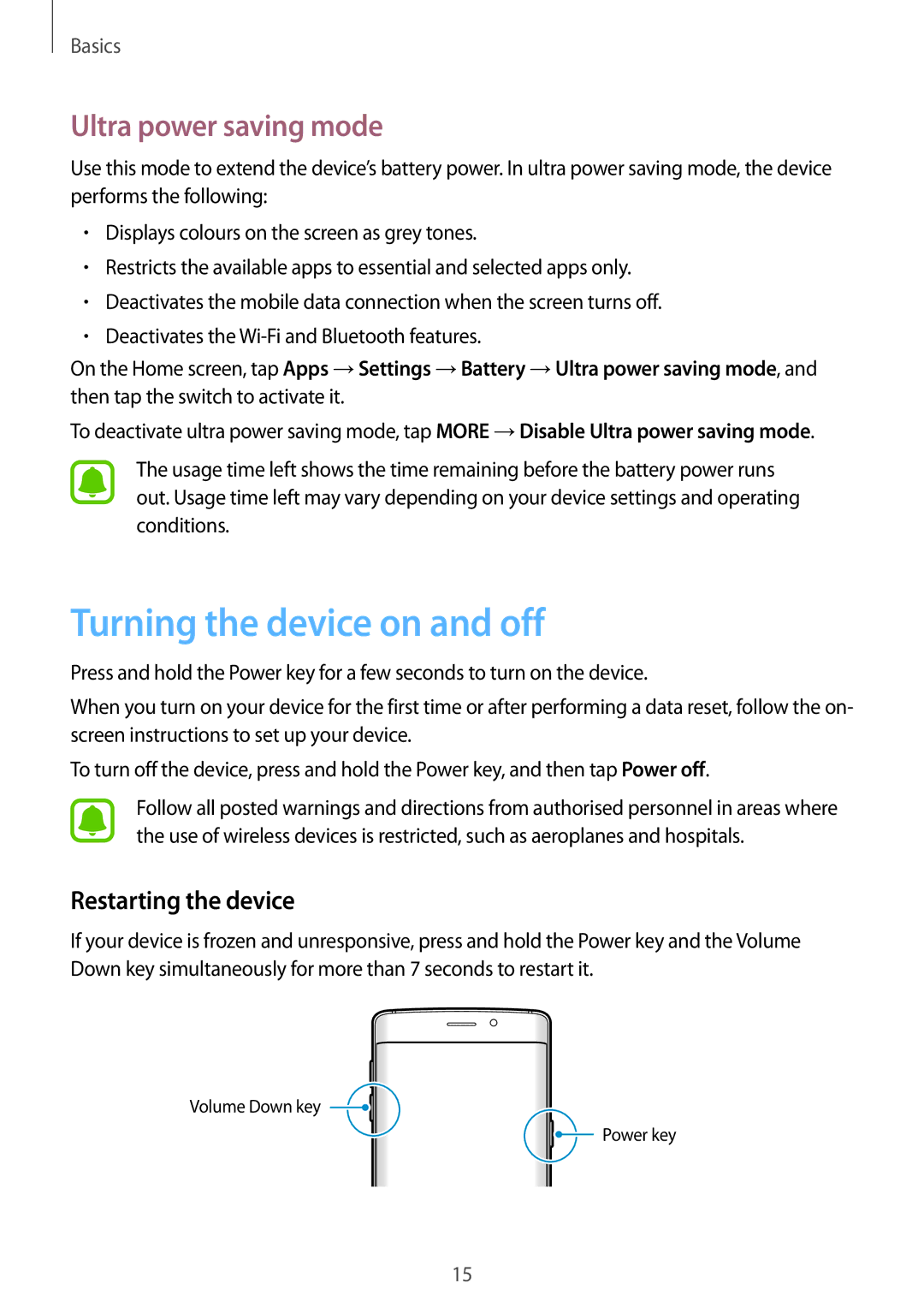 Samsung SM-G925IZDAKSA manual Turning the device on and off, Ultra power saving mode, Restarting the device 