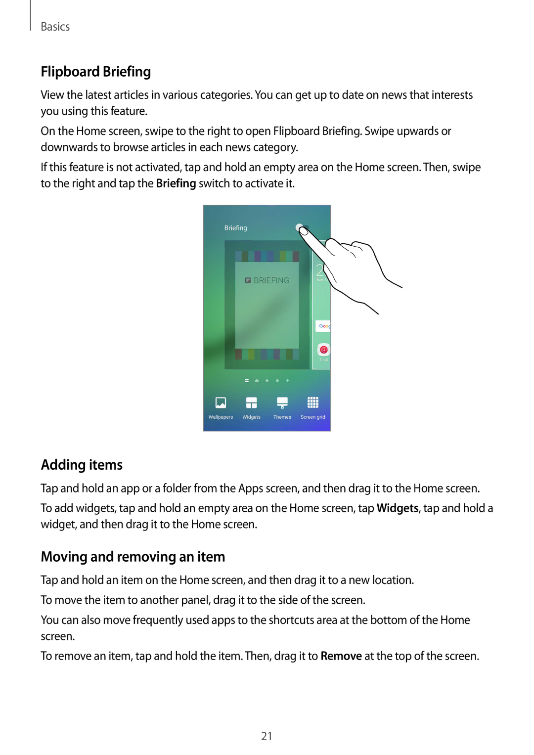 Samsung SM-G925IZDAKSA manual Flipboard Briefing, Adding items, Moving and removing an item 