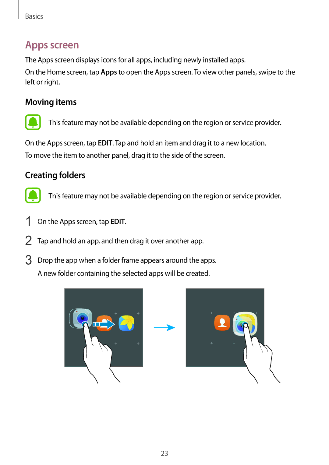 Samsung SM-G925IZDAKSA manual Apps screen, Moving items 