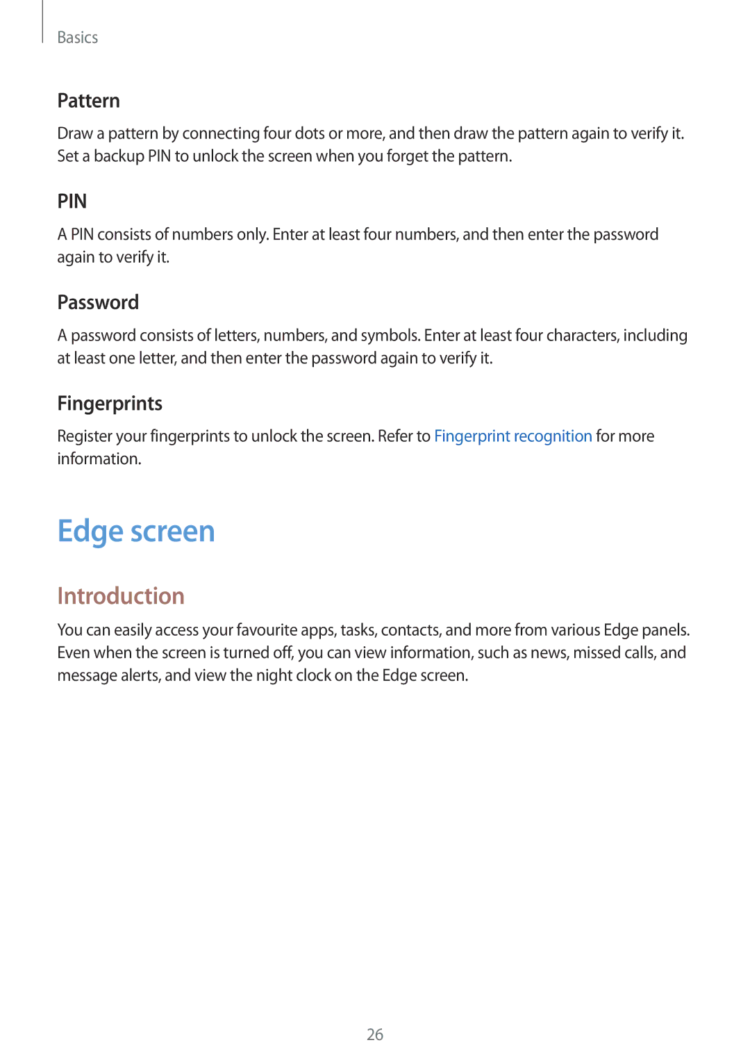 Samsung SM-G925IZDAKSA manual Edge screen, Introduction, Pattern, Password, Fingerprints 