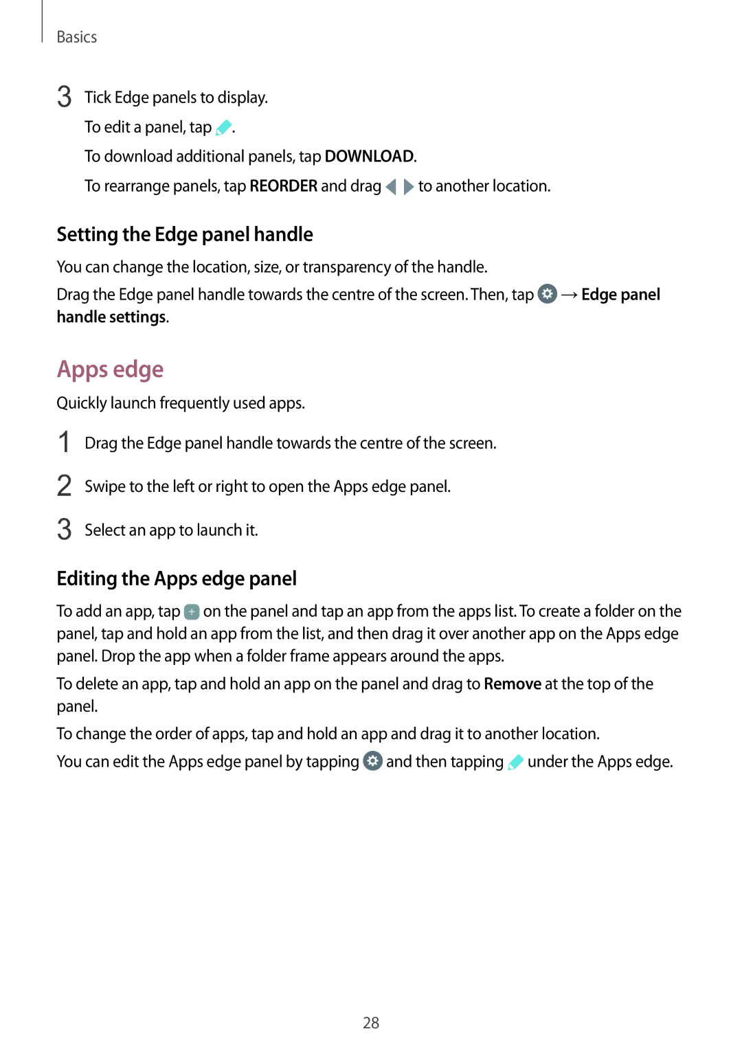 Samsung SM-G925IZDAKSA manual Setting the Edge panel handle, Editing the Apps edge panel, Handle settings 
