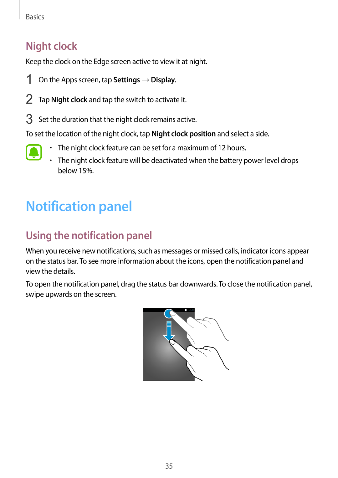 Samsung SM-G925IZDAKSA manual Notification panel, Night clock, Using the notification panel 