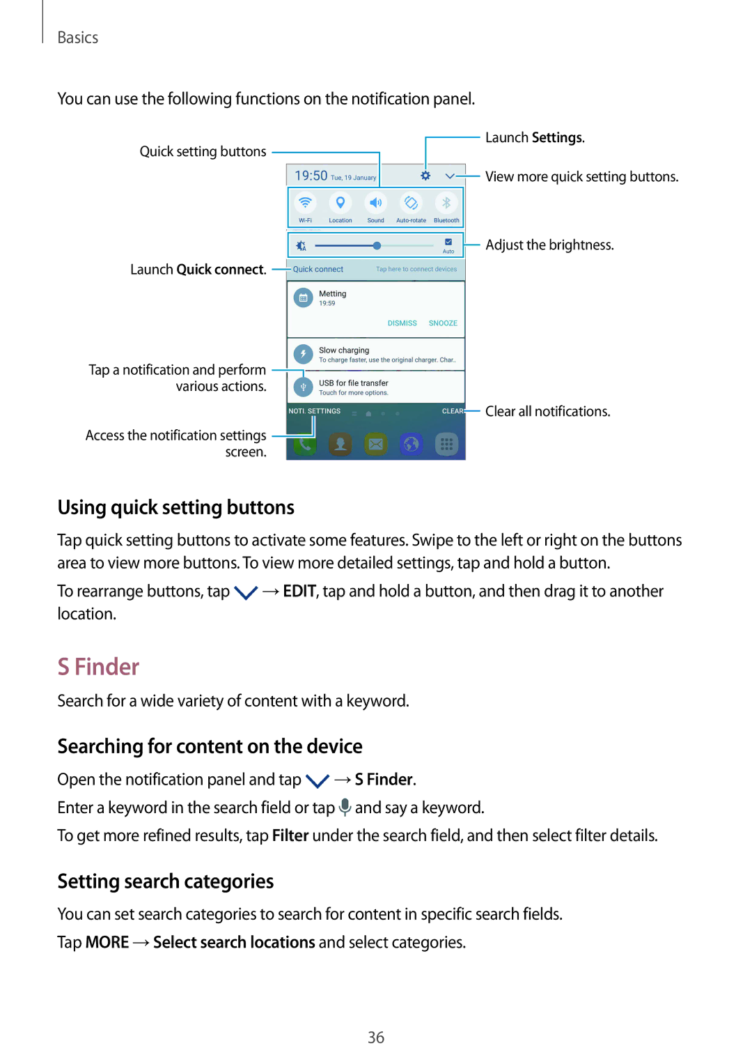 Samsung SM-G925IZDAKSA Finder, Using quick setting buttons, Searching for content on the device, Setting search categories 