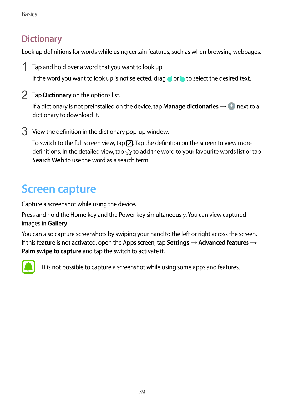 Samsung SM-G925IZDAKSA manual Screen capture, Dictionary, Tap and hold over a word that you want to look up 