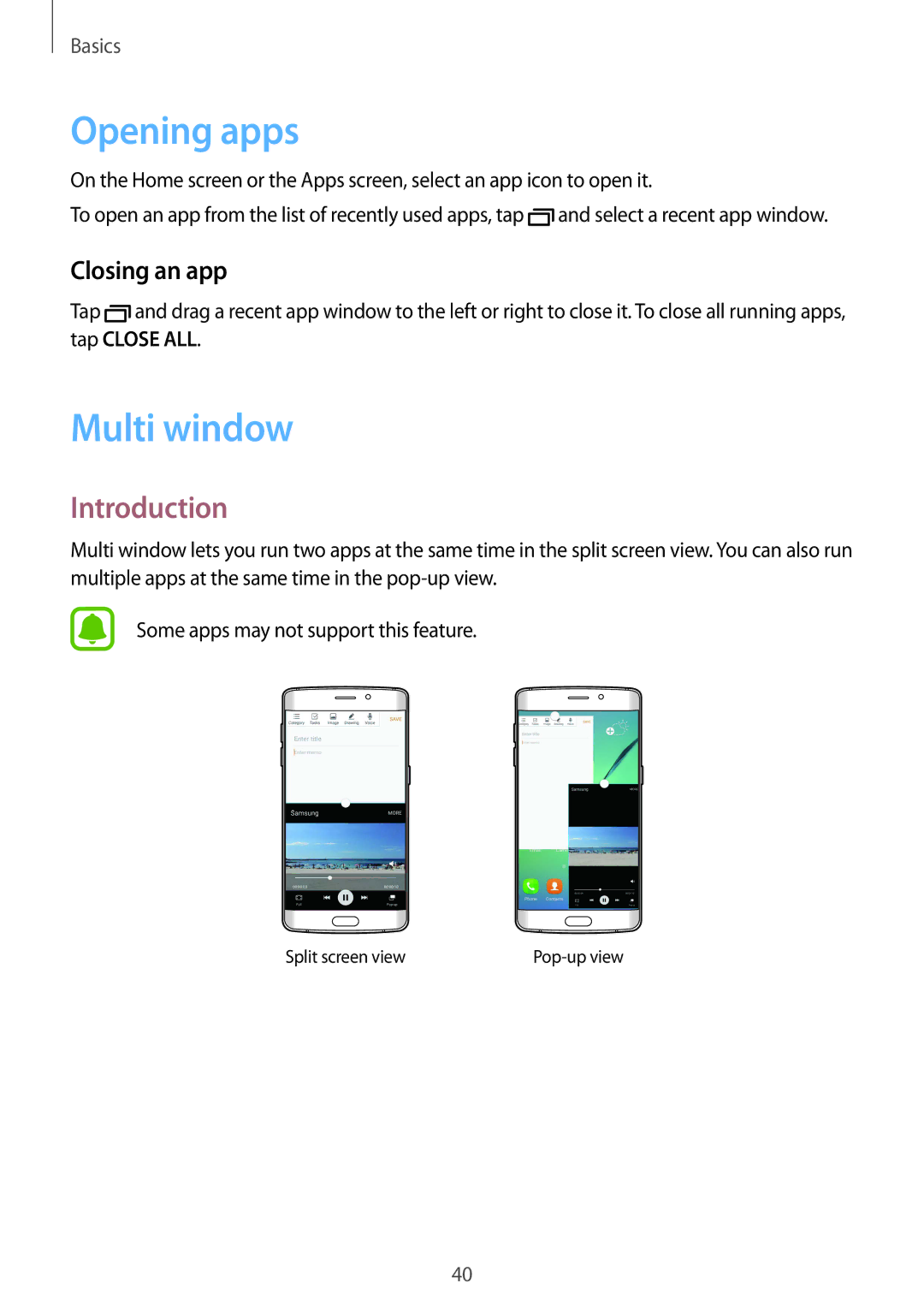 Samsung SM-G925IZDAKSA manual Opening apps, Multi window, Closing an app 