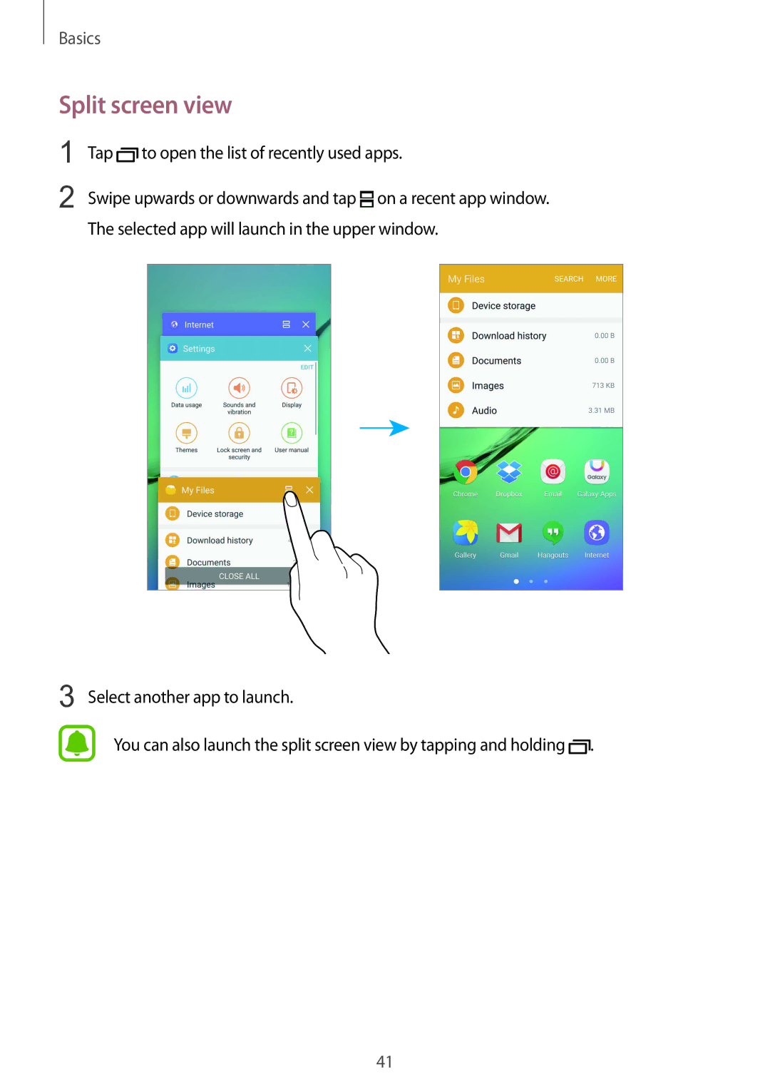 Samsung SM-G925IZDAKSA manual Split screen view, Tap to open the list of recently used apps 