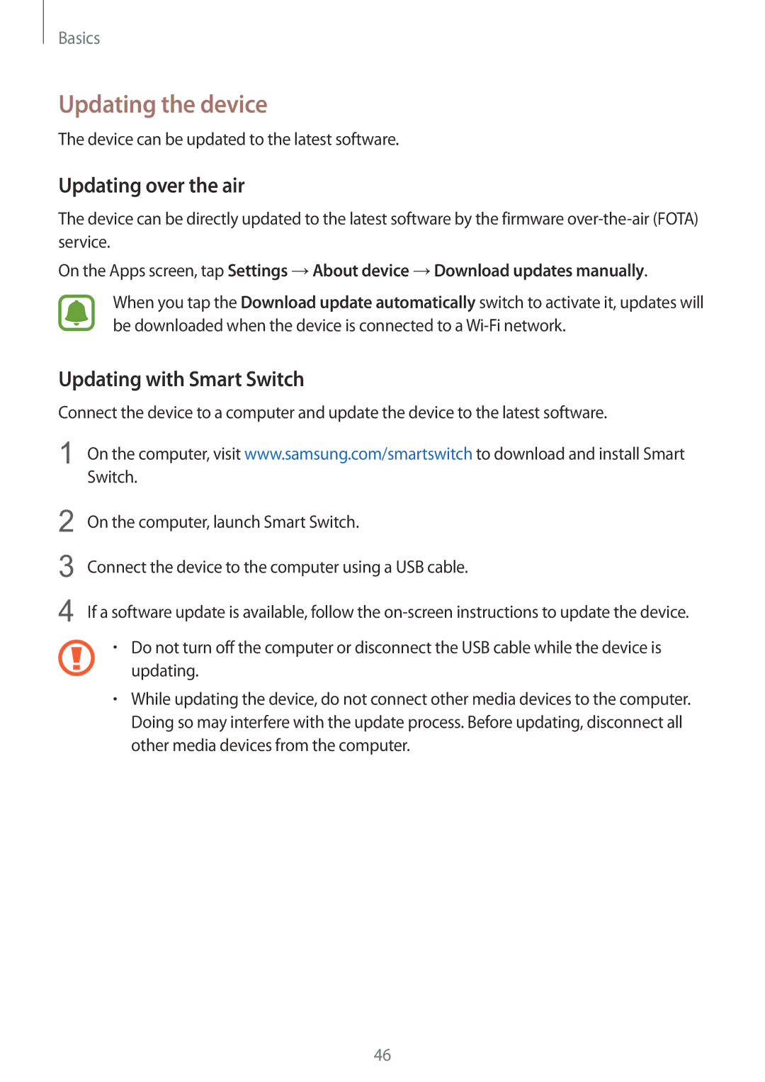 Samsung SM-G925IZDAKSA manual Updating the device, Updating over the air, Updating with Smart Switch 