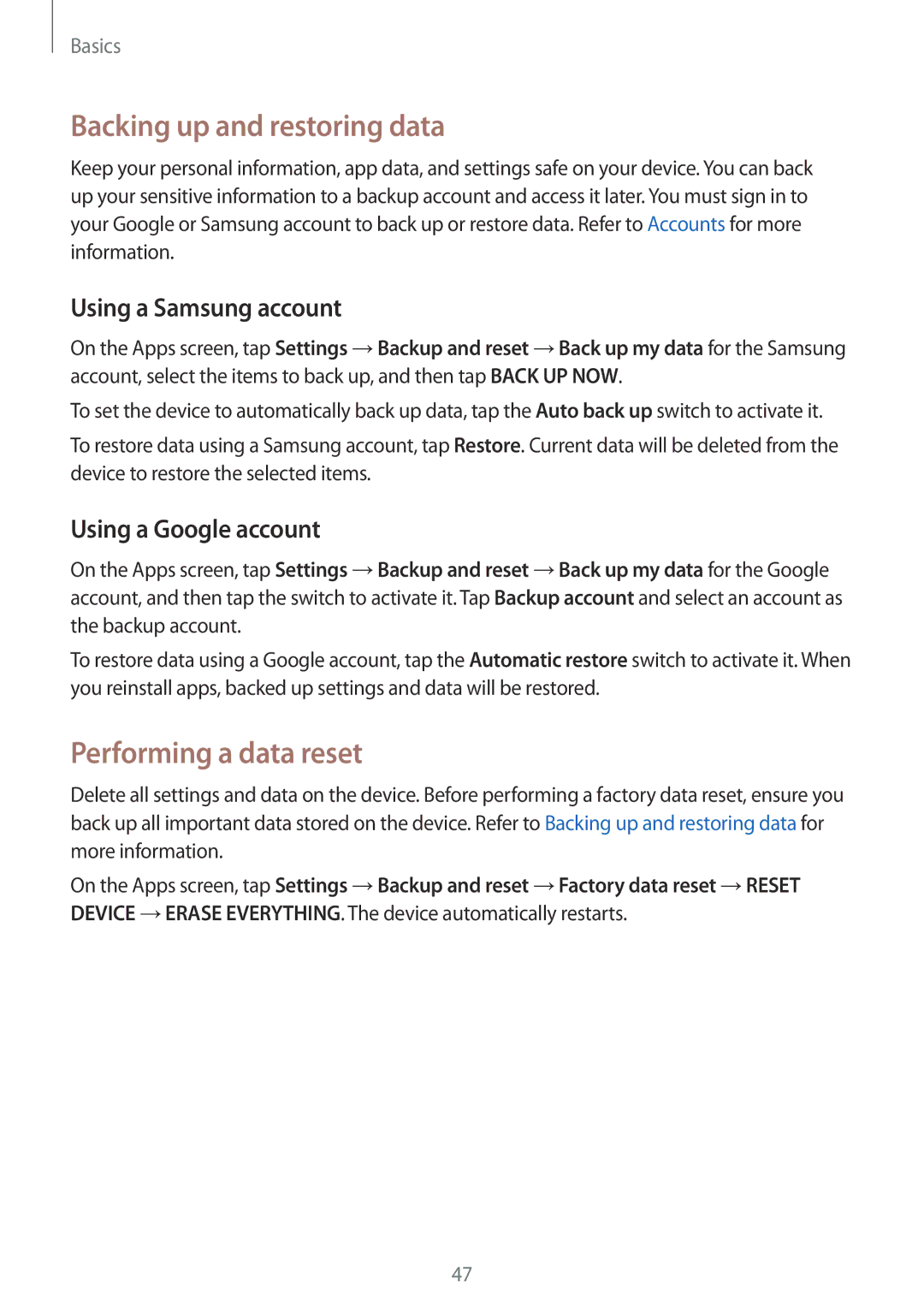 Samsung SM-G925IZDAKSA manual Backing up and restoring data, Performing a data reset, Using a Samsung account 