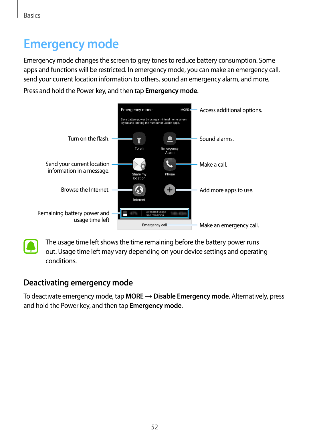 Samsung SM-G925IZDAKSA manual Emergency mode, Deactivating emergency mode 