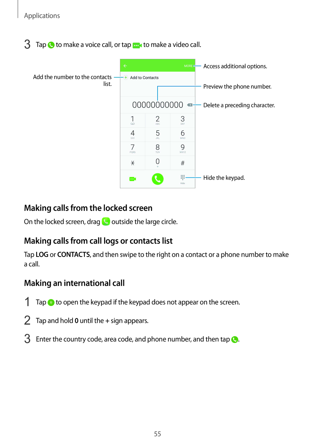 Samsung SM-G925IZDAKSA manual Making calls from the locked screen, Making calls from call logs or contacts list 