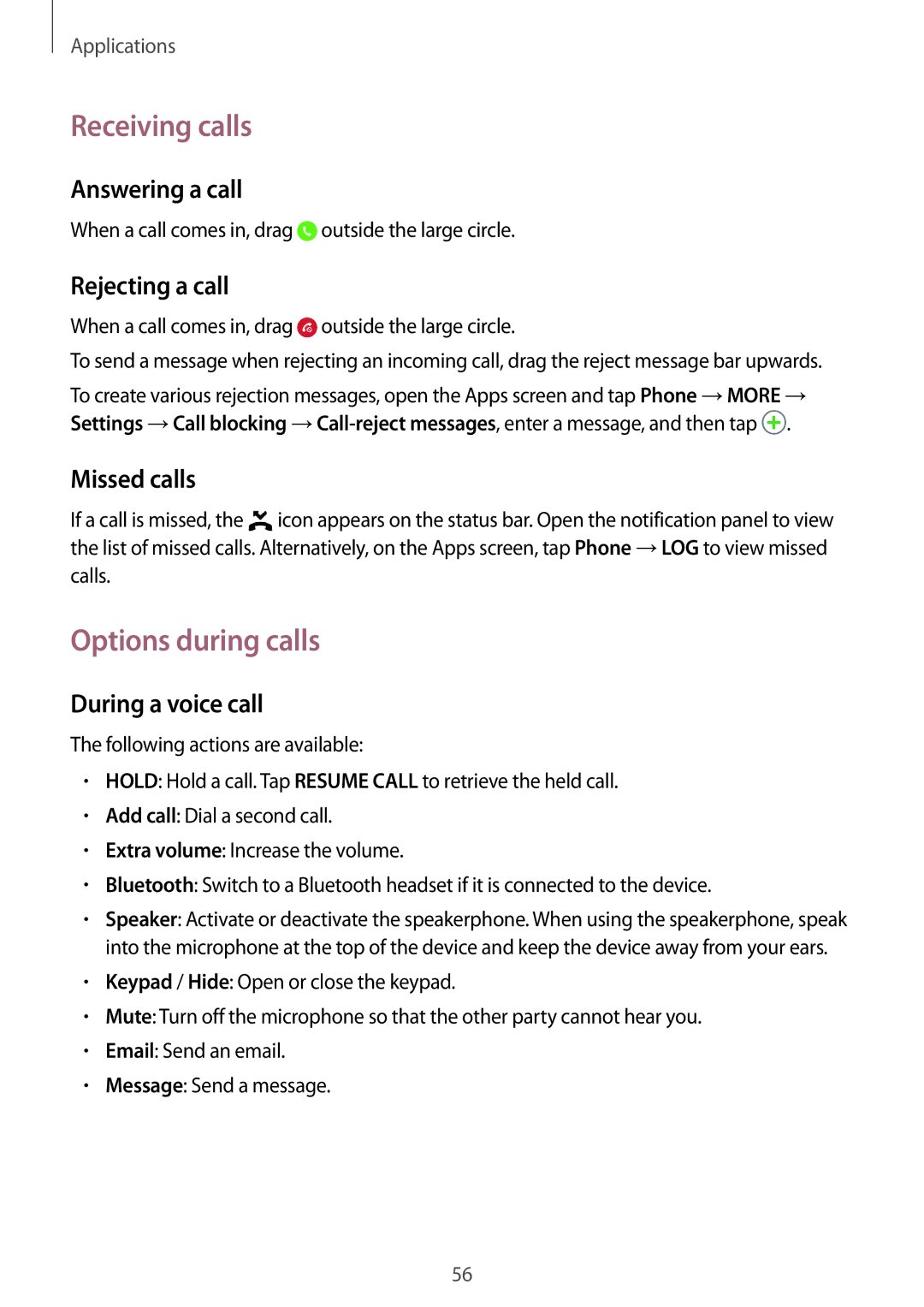 Samsung SM-G925IZDAKSA manual Receiving calls, Options during calls 