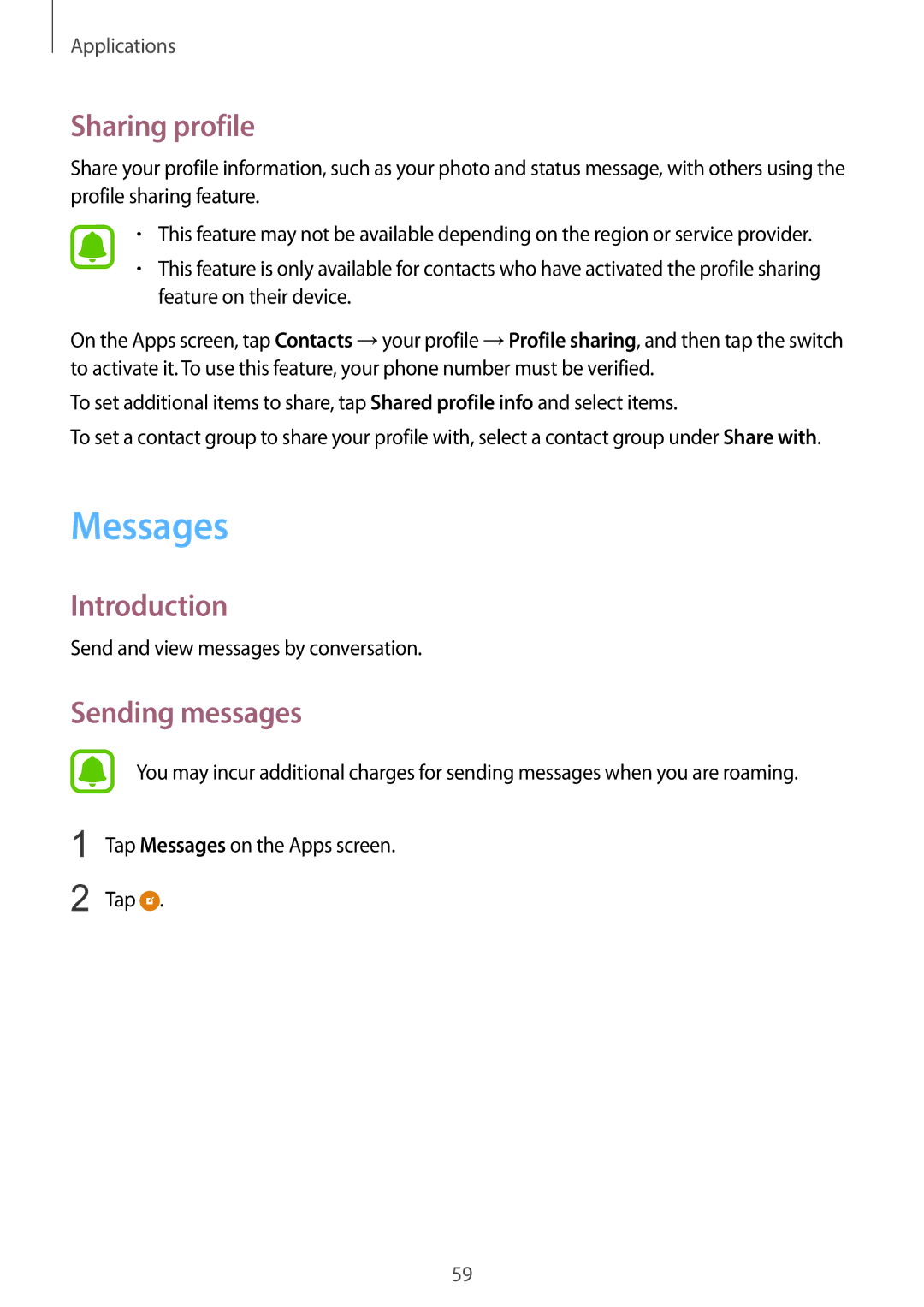 Samsung SM-G925IZDAKSA manual Messages, Sharing profile, Sending messages, Send and view messages by conversation 