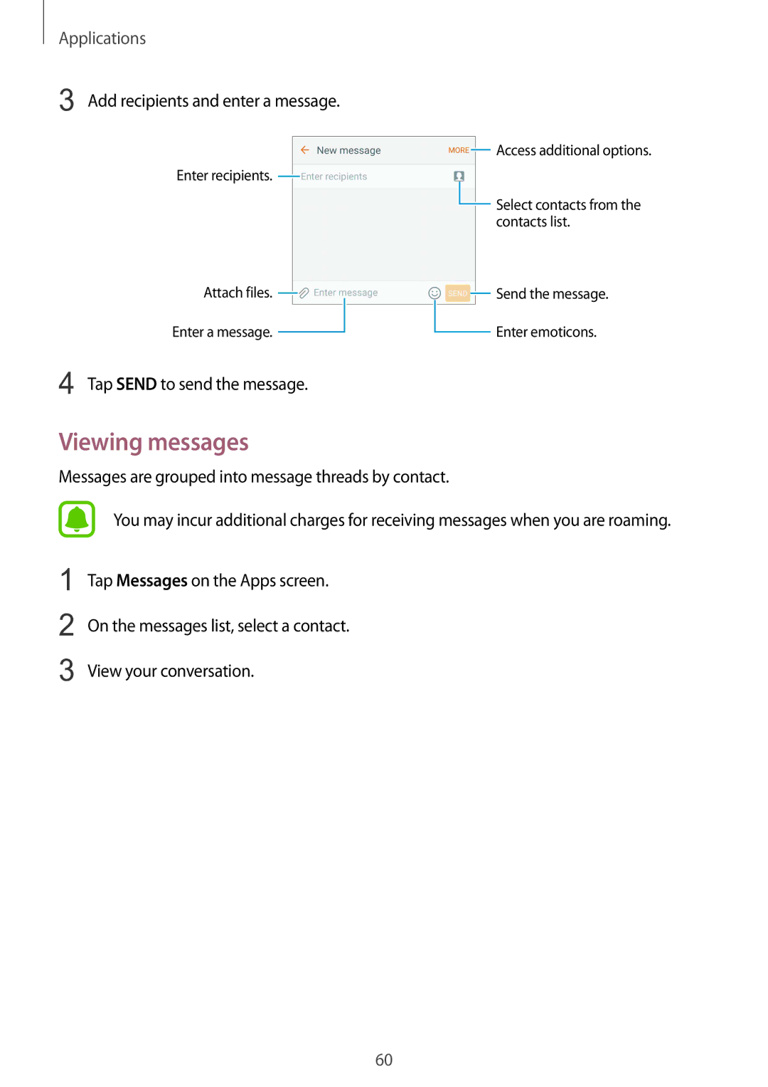 Samsung SM-G925IZDAKSA manual Viewing messages, Add recipients and enter a message, Tap Send to send the message 