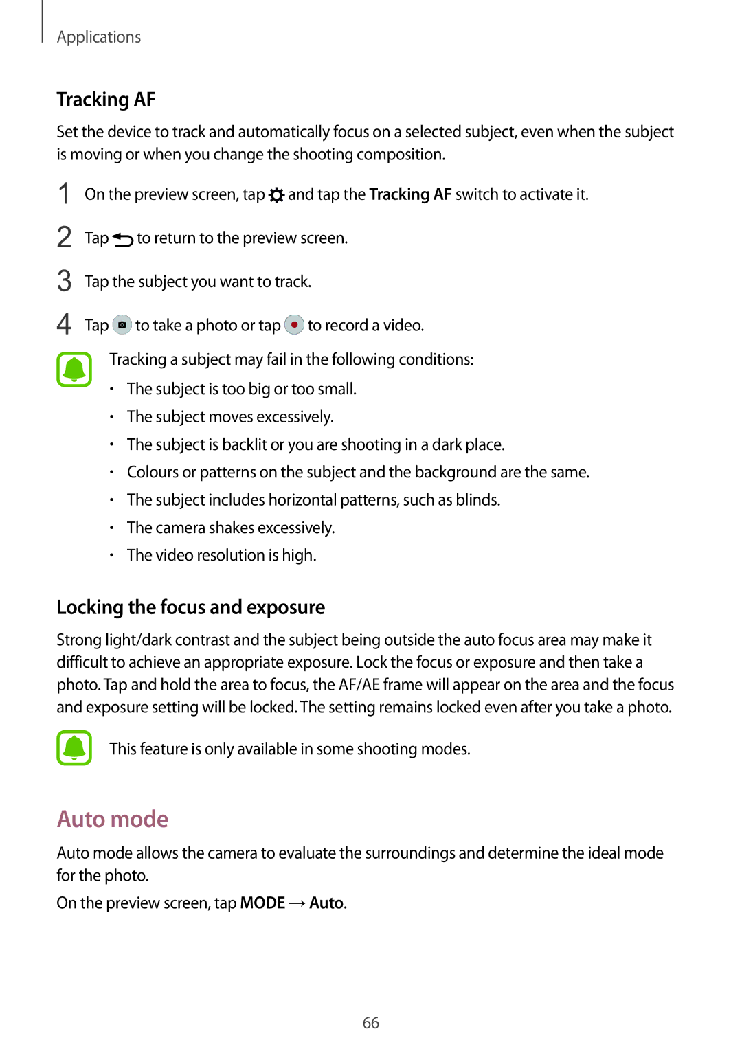 Samsung SM-G925IZDAKSA manual Auto mode, Tracking AF, Locking the focus and exposure 