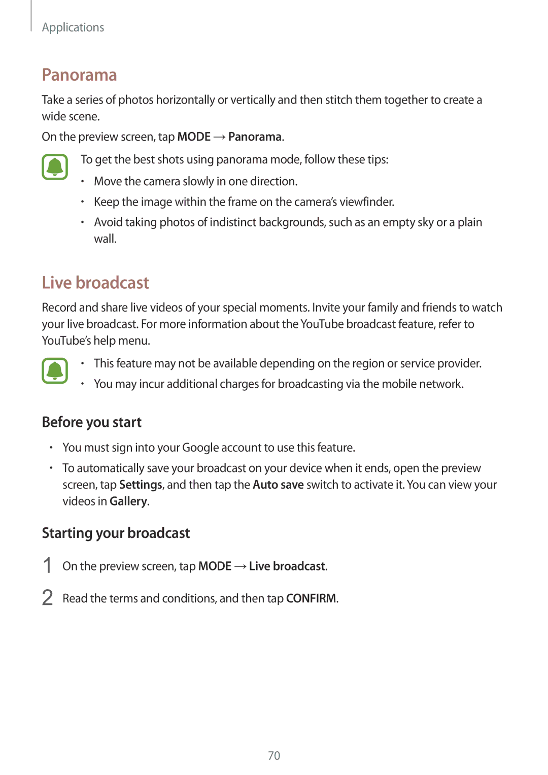 Samsung SM-G925IZDAKSA manual Panorama, Live broadcast, Before you start, Starting your broadcast 