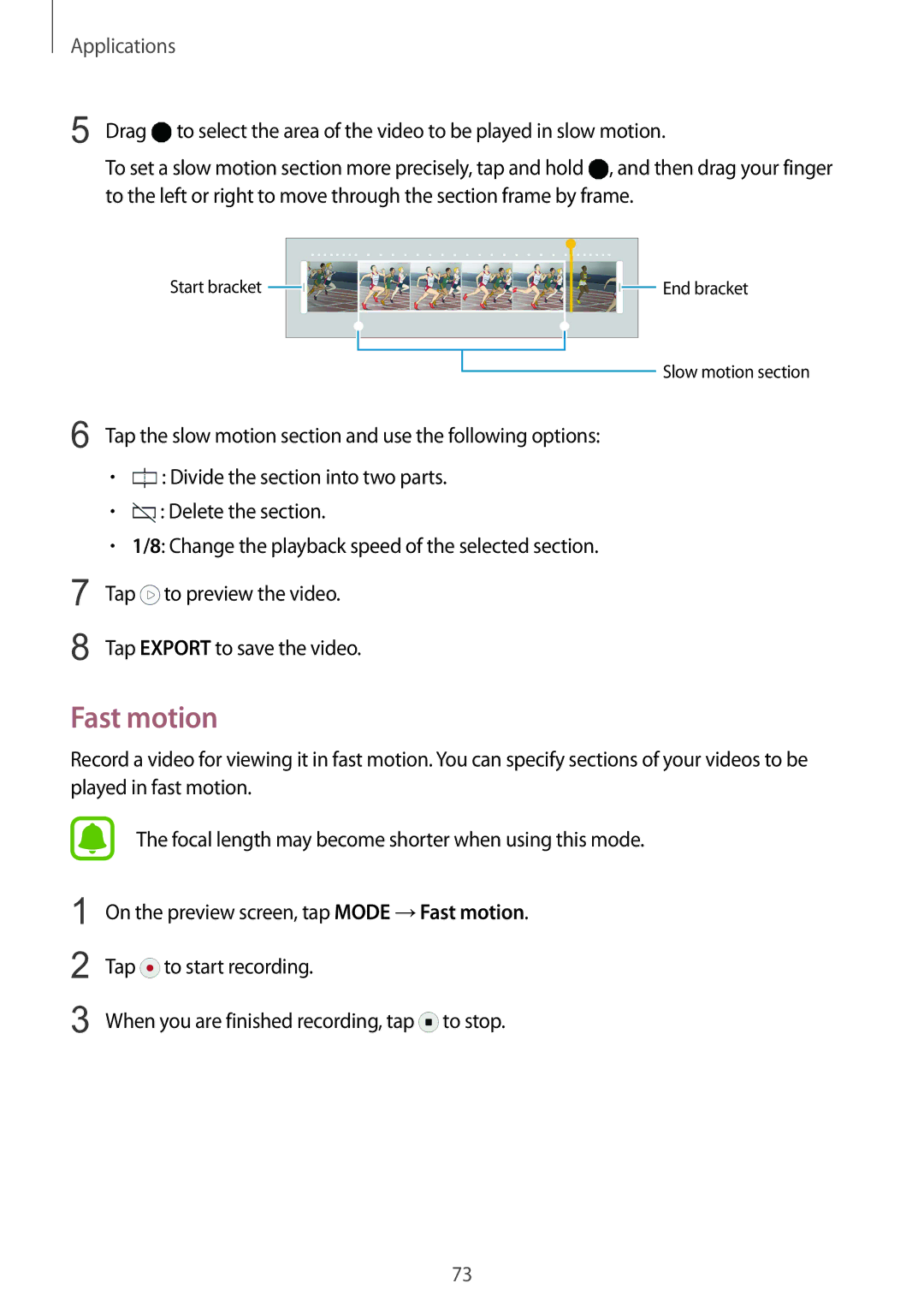 Samsung SM-G925IZDAKSA manual Fast motion, Divide the section into two parts Delete the section, Tap to preview the video 