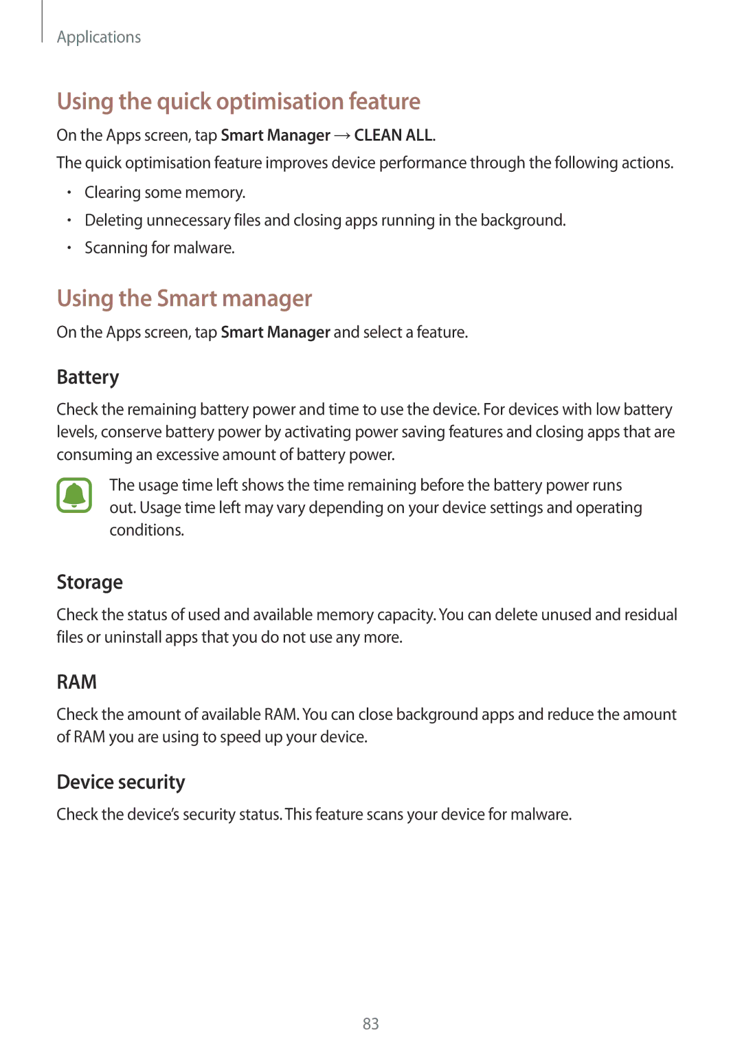 Samsung SM-G925IZDAKSA Using the quick optimisation feature, Using the Smart manager, Battery, Storage, Device security 