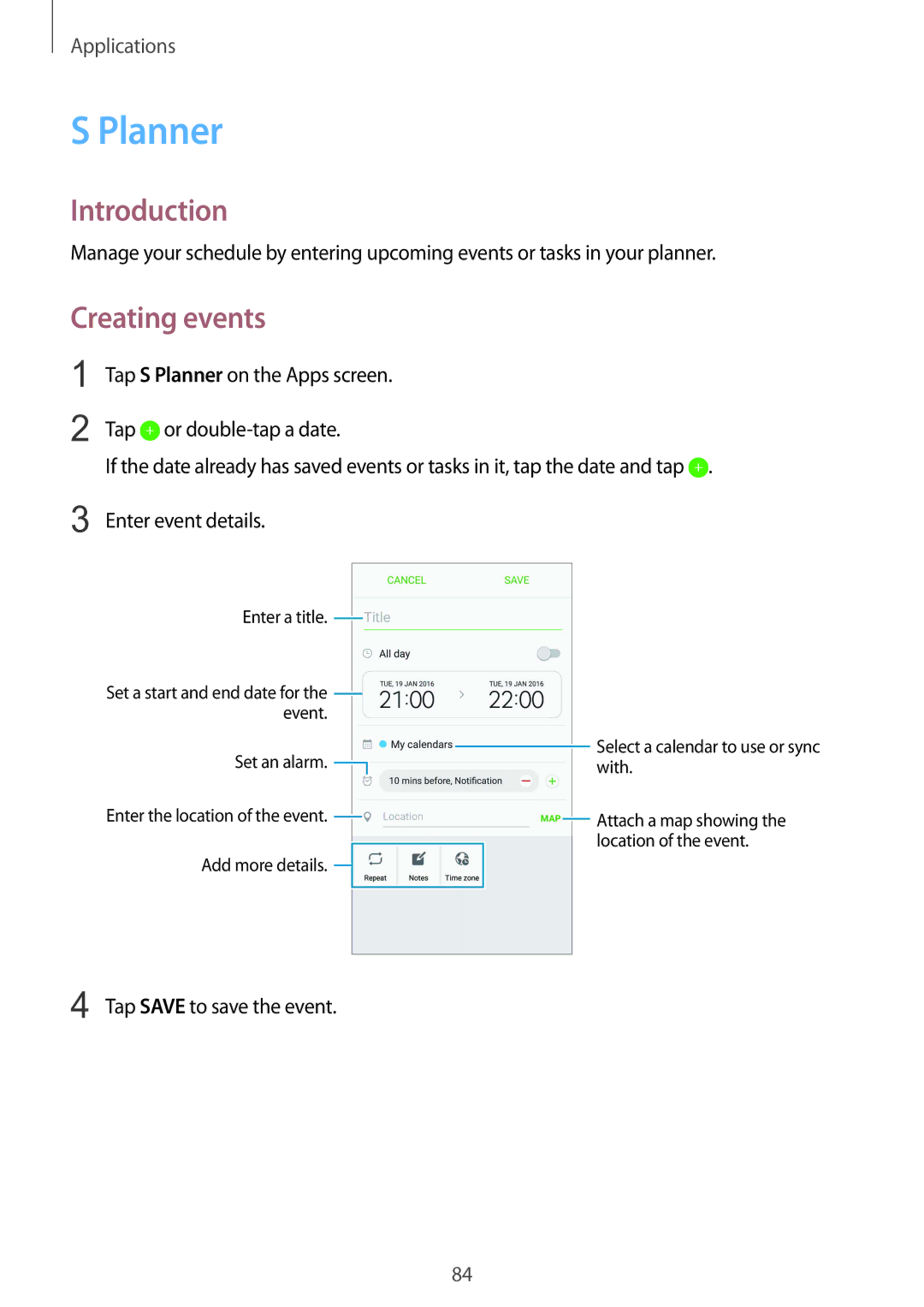 Samsung SM-G925IZDAKSA manual Planner, Creating events, Tap Save to save the event 