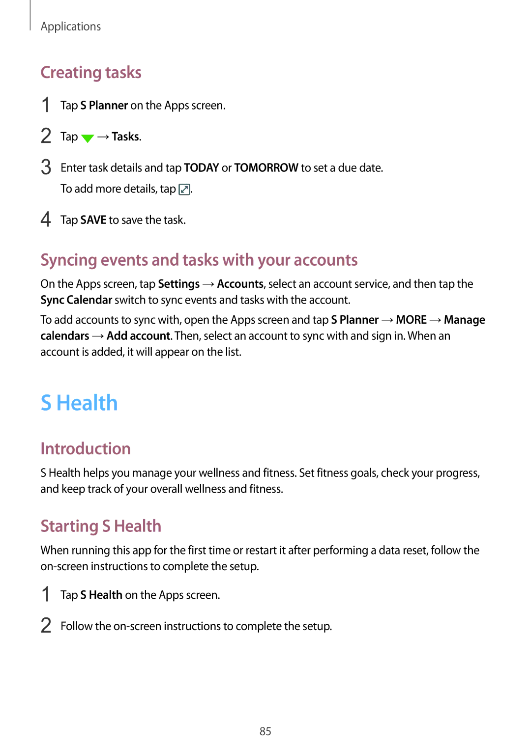 Samsung SM-G925IZDAKSA manual Creating tasks, Syncing events and tasks with your accounts, Starting S Health 