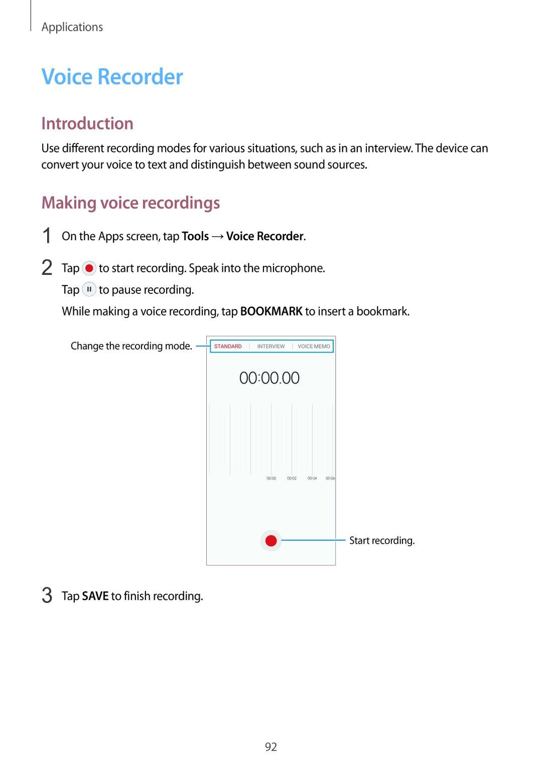 Samsung SM-G925IZDAKSA manual Voice Recorder, Making voice recordings, Tap Save to finish recording 