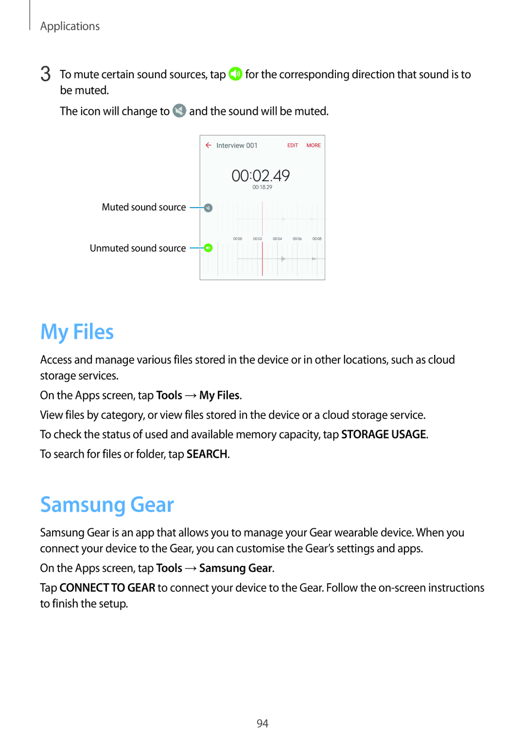 Samsung SM-G925IZDAKSA manual My Files, Samsung Gear, Be muted Icon will change to and the sound will be muted 