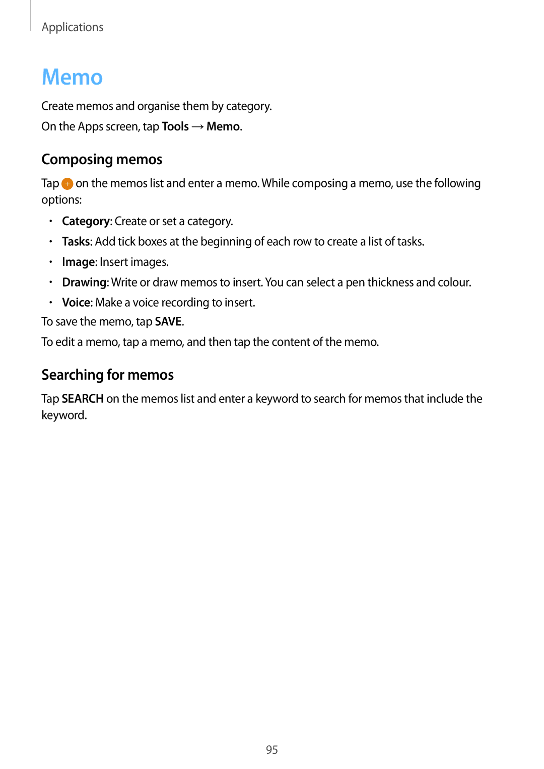 Samsung SM-G925IZDAKSA manual Memo, Composing memos, Searching for memos 