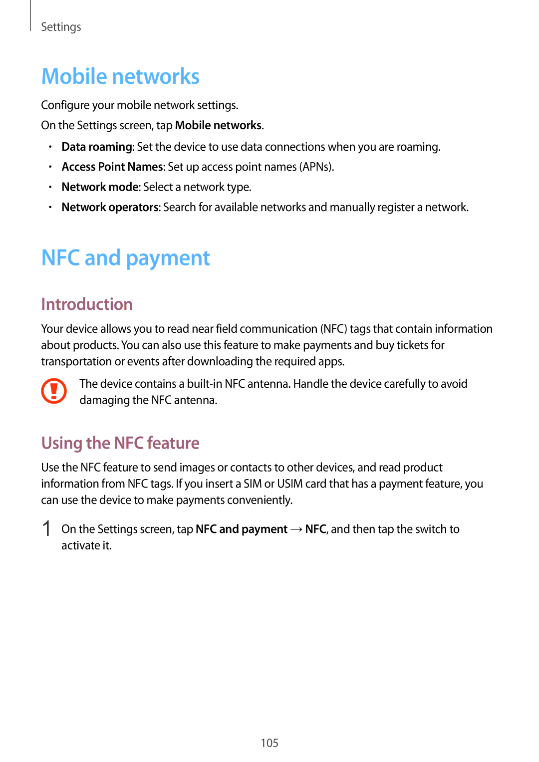 Samsung SM-G925IZDAKSA, SM-G925XZKAKSA, SM-G925XZWAKSA manual Mobile networks, NFC and payment, Using the NFC feature 