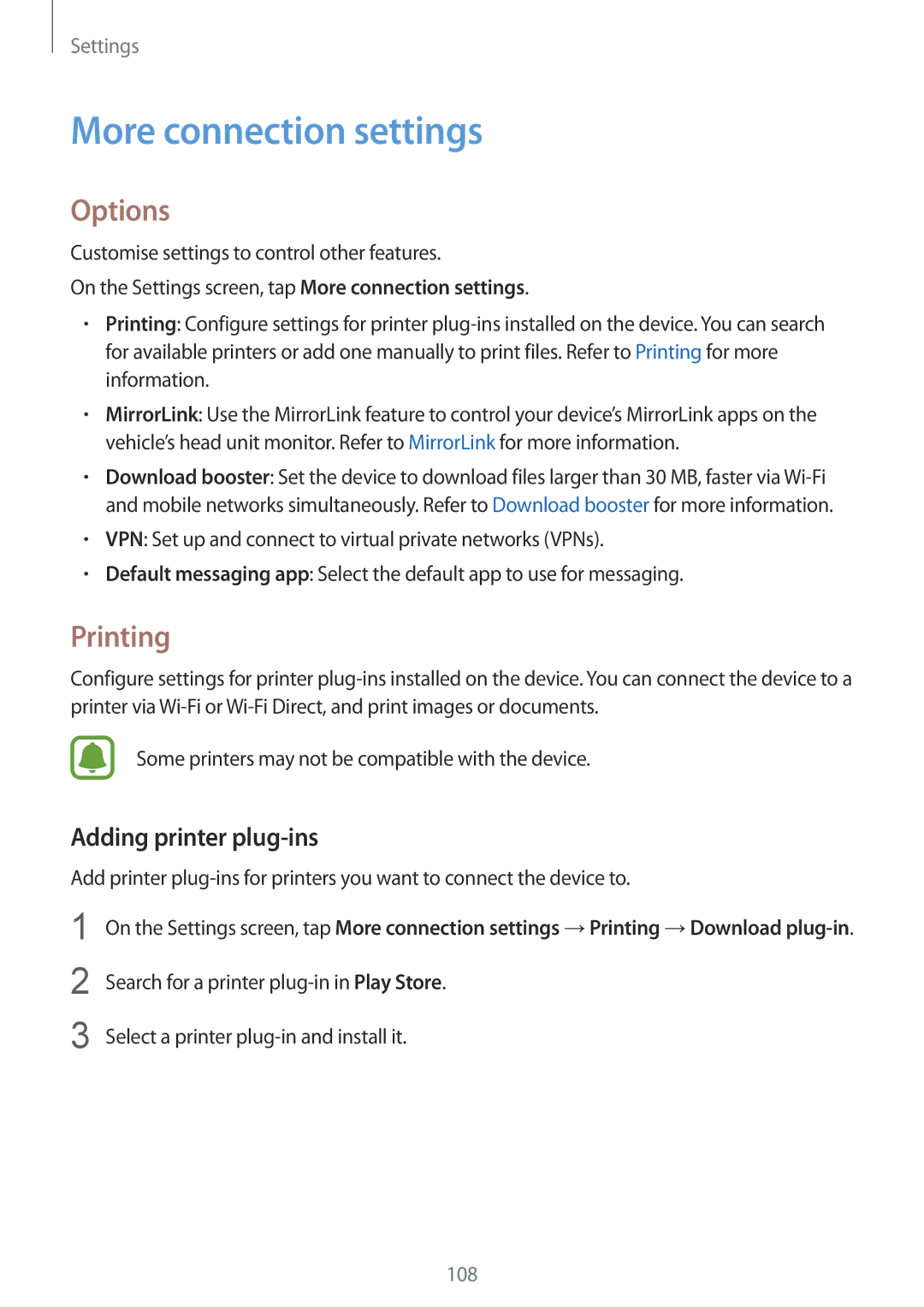 Samsung SM-G925FZKEKSA, SM-G925XZKAKSA, SM-G925XZWAKSA More connection settings, Options, Printing, Adding printer plug-ins 