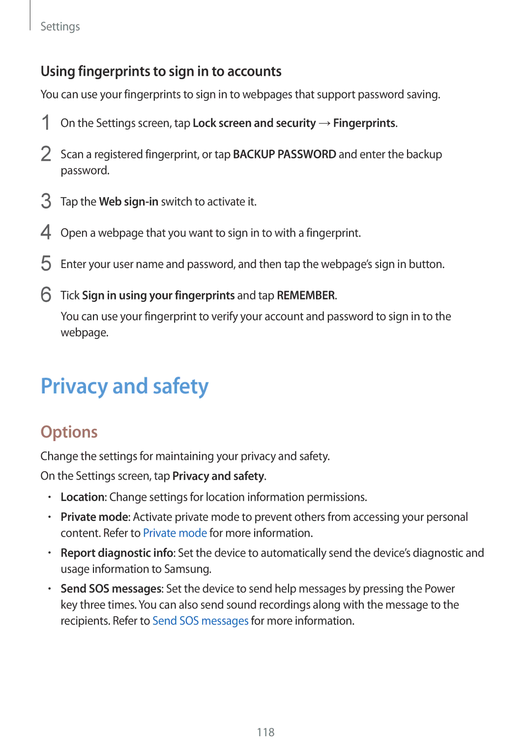 Samsung SM-G925XZDAILO, SM-G925XZKAKSA, SM-G925XZWAKSA manual Privacy and safety, Using fingerprints to sign in to accounts 