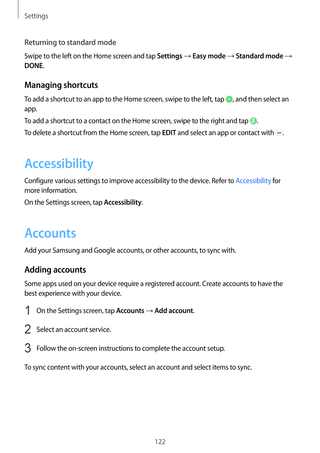 Samsung SM-G925FZDASEE, SM-G925XZKAKSA, SM-G925XZWAKSA manual Accessibility, Accounts, Managing shortcuts, Adding accounts 