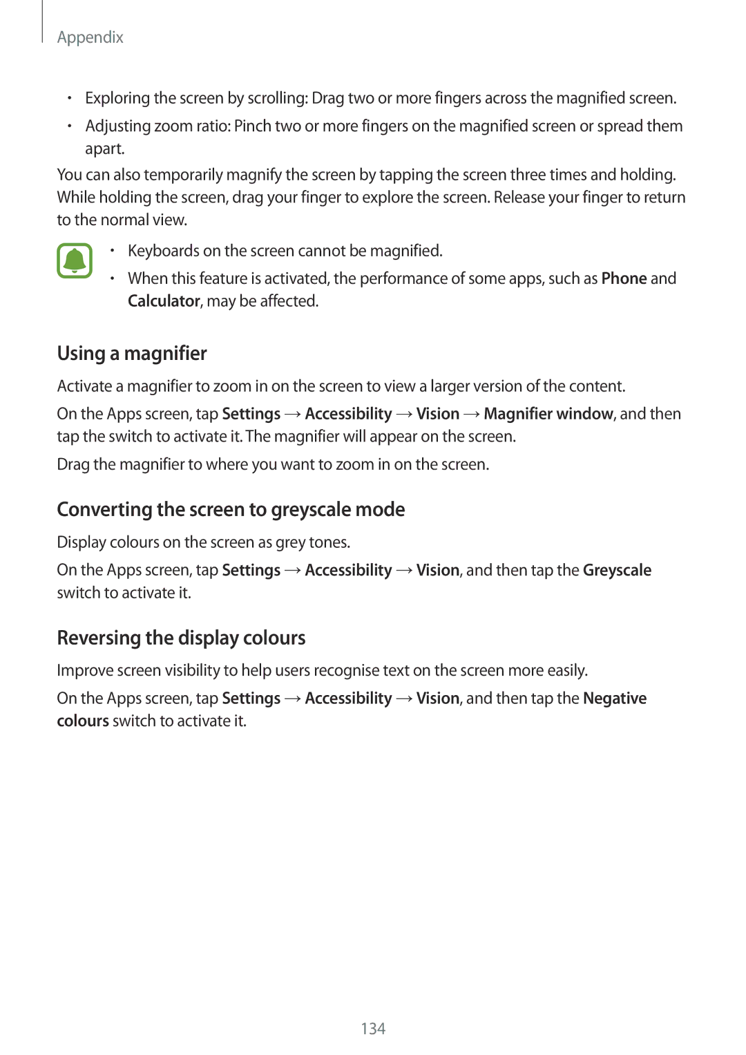 Samsung SM-G925XZKAXXV manual Using a magnifier, Converting the screen to greyscale mode, Reversing the display colours 