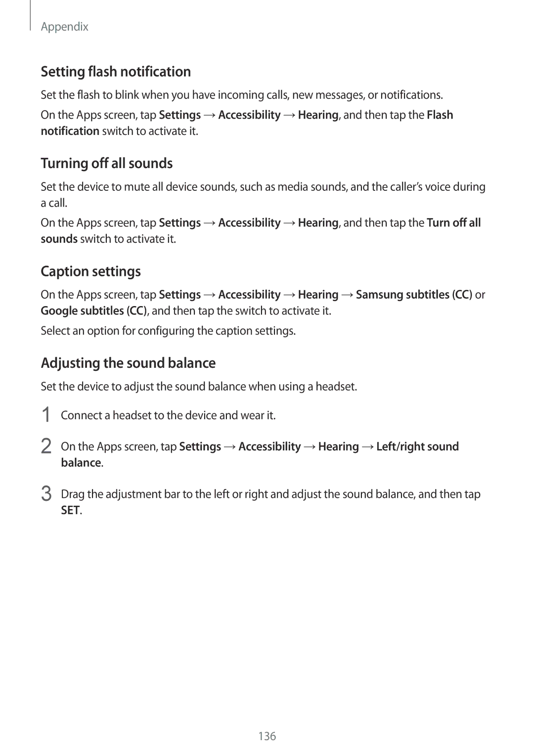 Samsung SM-G925XZWAILO Setting flash notification, Turning off all sounds, Caption settings, Adjusting the sound balance 