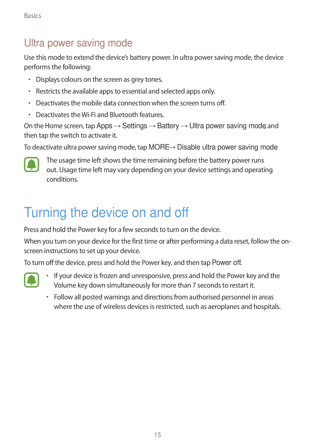 Samsung SM-G925FZWAXXV, SM-G925XZKAKSA, SM-G925XZWAKSA manual Turning the device on and off, Ultra power saving mode 