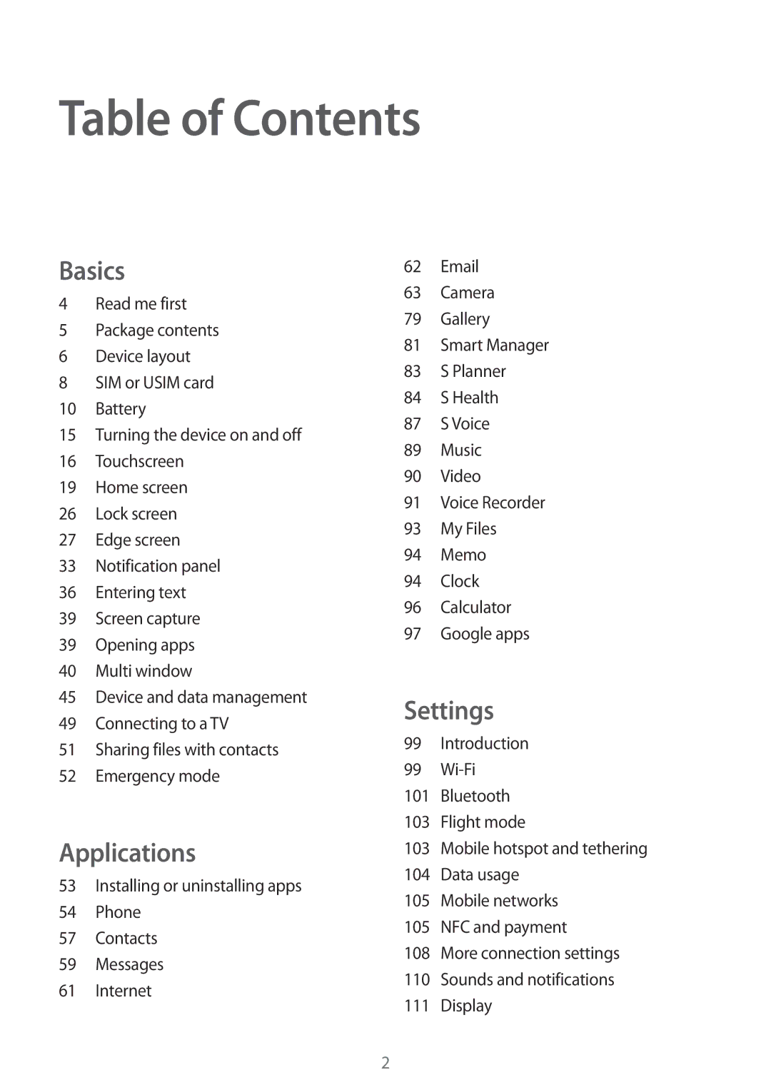 Samsung SM-G925FZDASEE, SM-G925XZKAKSA, SM-G925XZWAKSA, SM-G925FZKASEE, SM-G925XZDAKSA, SM-G925IZDAKSA manual Table of Contents 