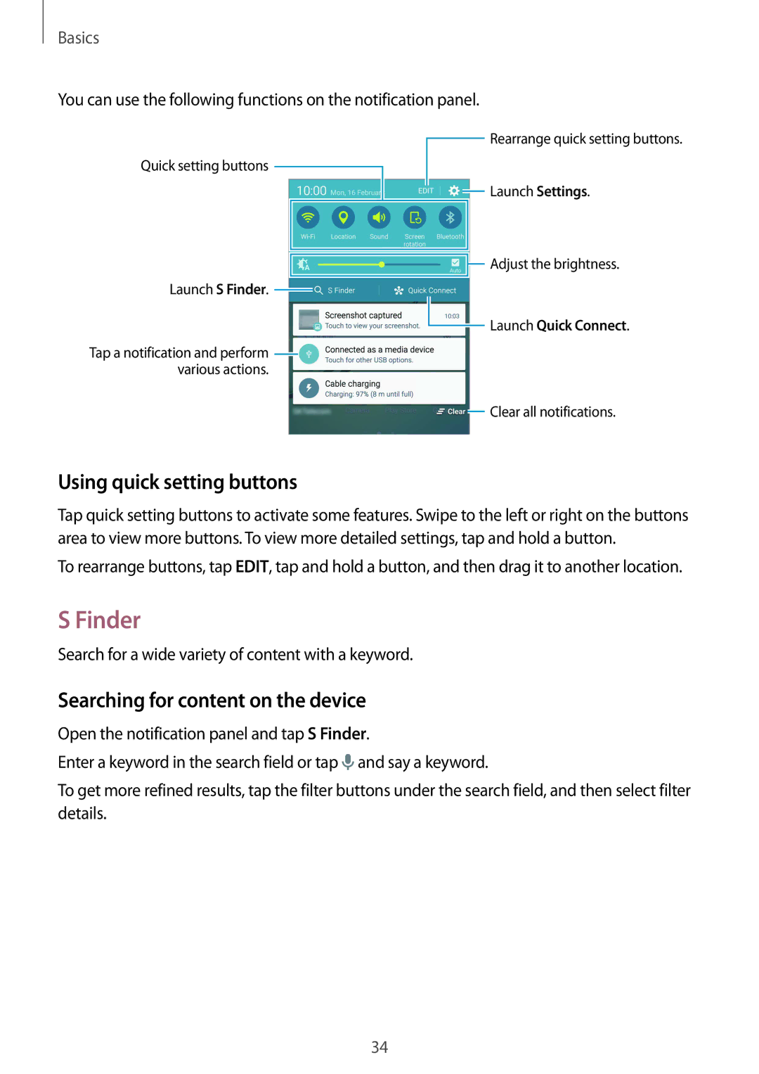 Samsung SM-G925XZKAXXV, SM-G925XZKAKSA manual Finder, Using quick setting buttons, Searching for content on the device 