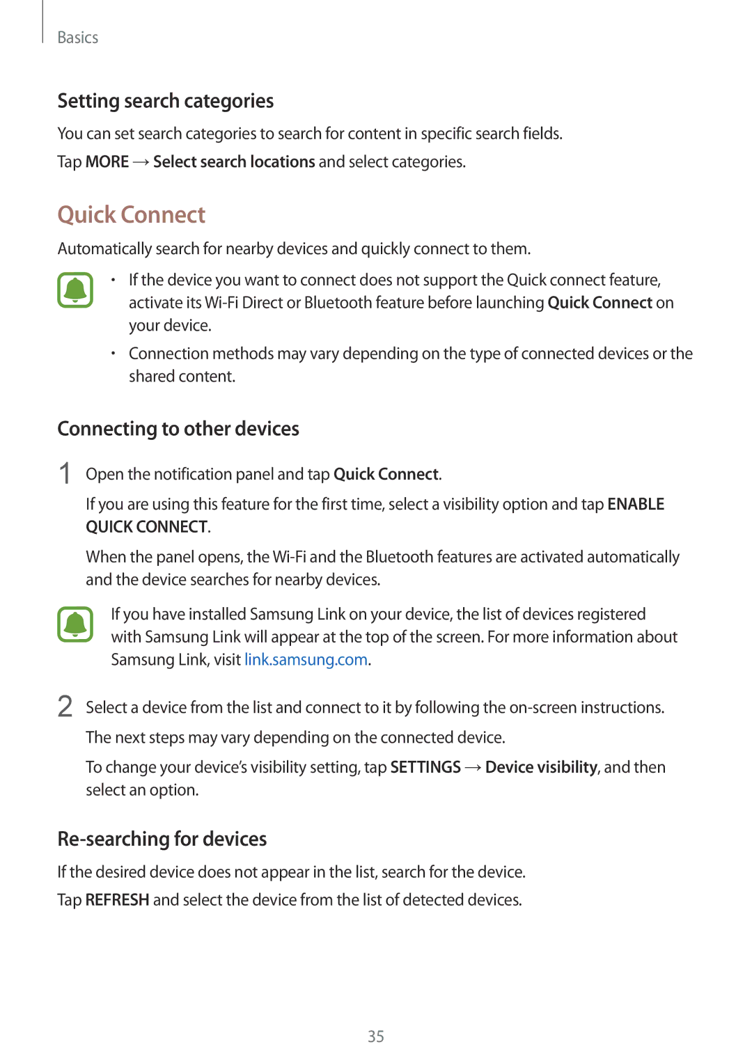 Samsung SM-G925FZWAXXV Quick Connect, Setting search categories, Connecting to other devices, Re-searching for devices 