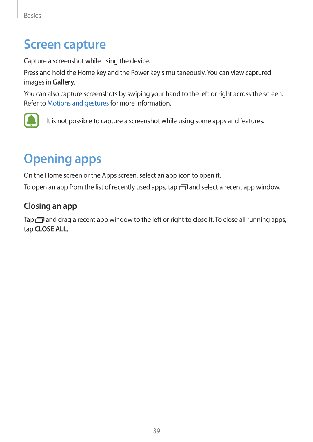 Samsung SM-G925FZDAILO, SM-G925XZKAKSA, SM-G925XZWAKSA, SM-G925FZDASEE manual Screen capture, Opening apps, Closing an app 