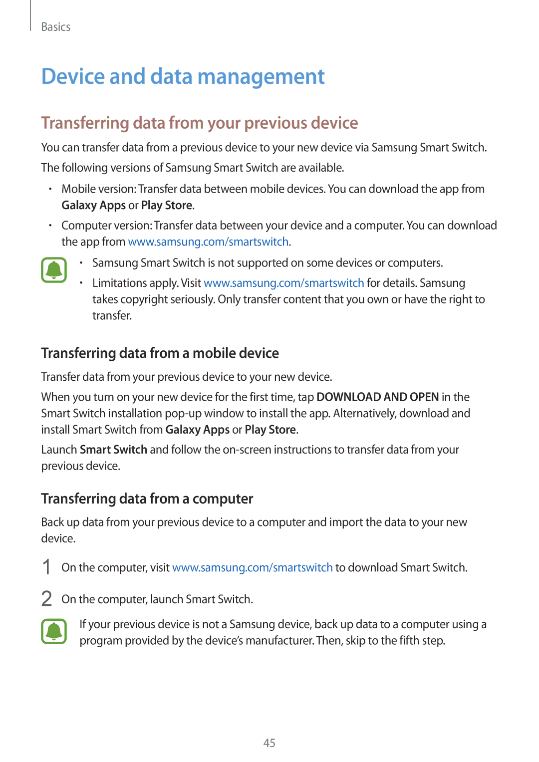 Samsung SM-G925IZDAKSA, SM-G925XZKAKSA manual Device and data management, Transferring data from your previous device 