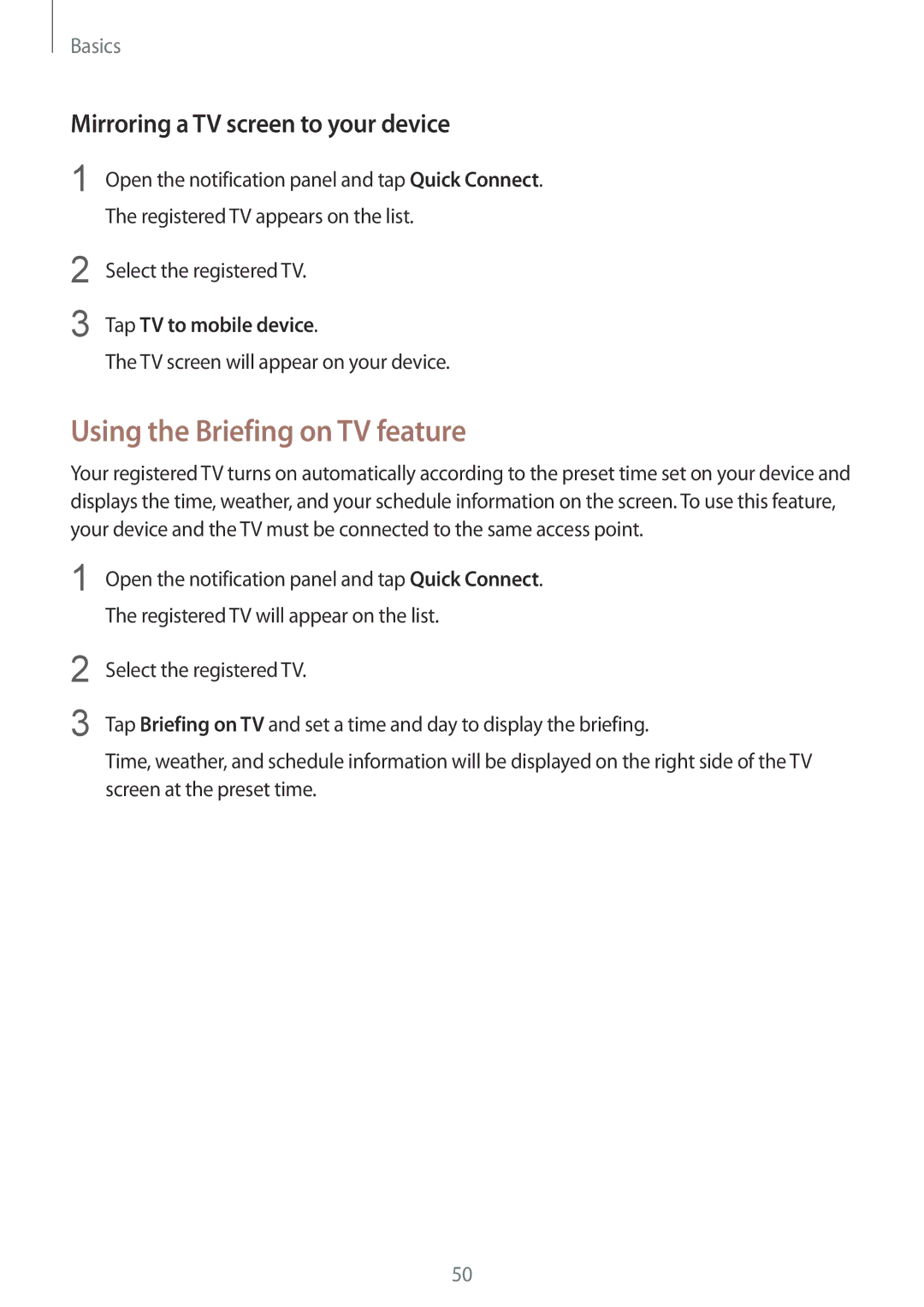 Samsung SM-G925XZWAXXV Using the Briefing on TV feature, Mirroring a TV screen to your device, Select the registered TV 