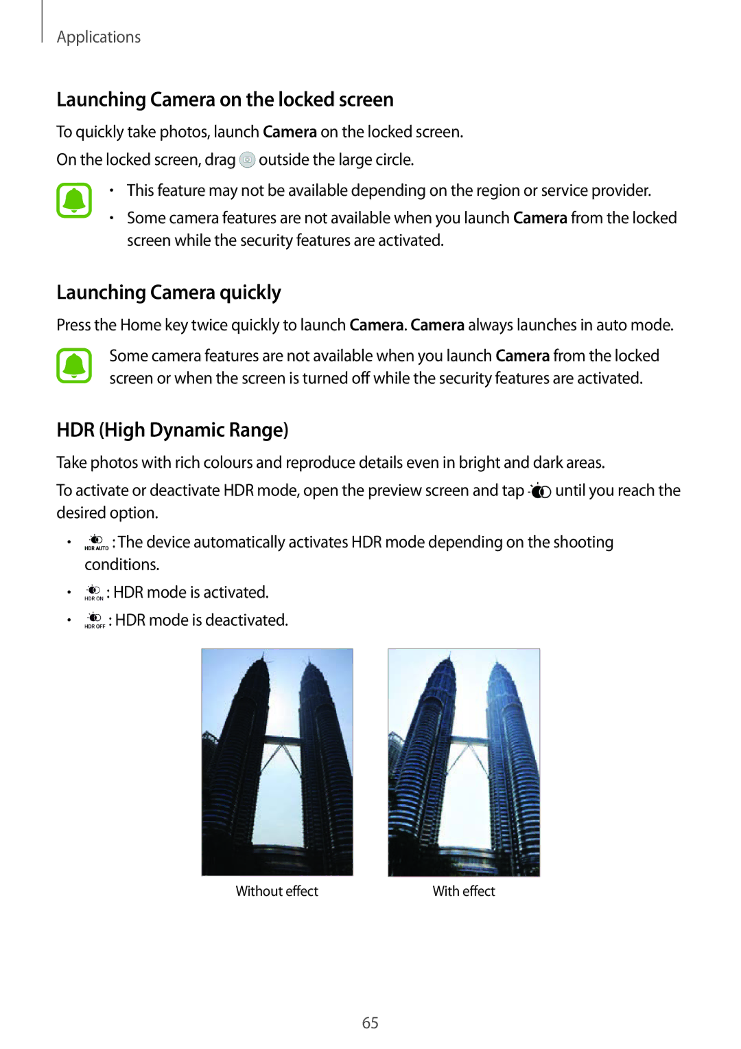 Samsung SM-G925IZDAKSA manual Launching Camera on the locked screen, Launching Camera quickly, HDR High Dynamic Range 