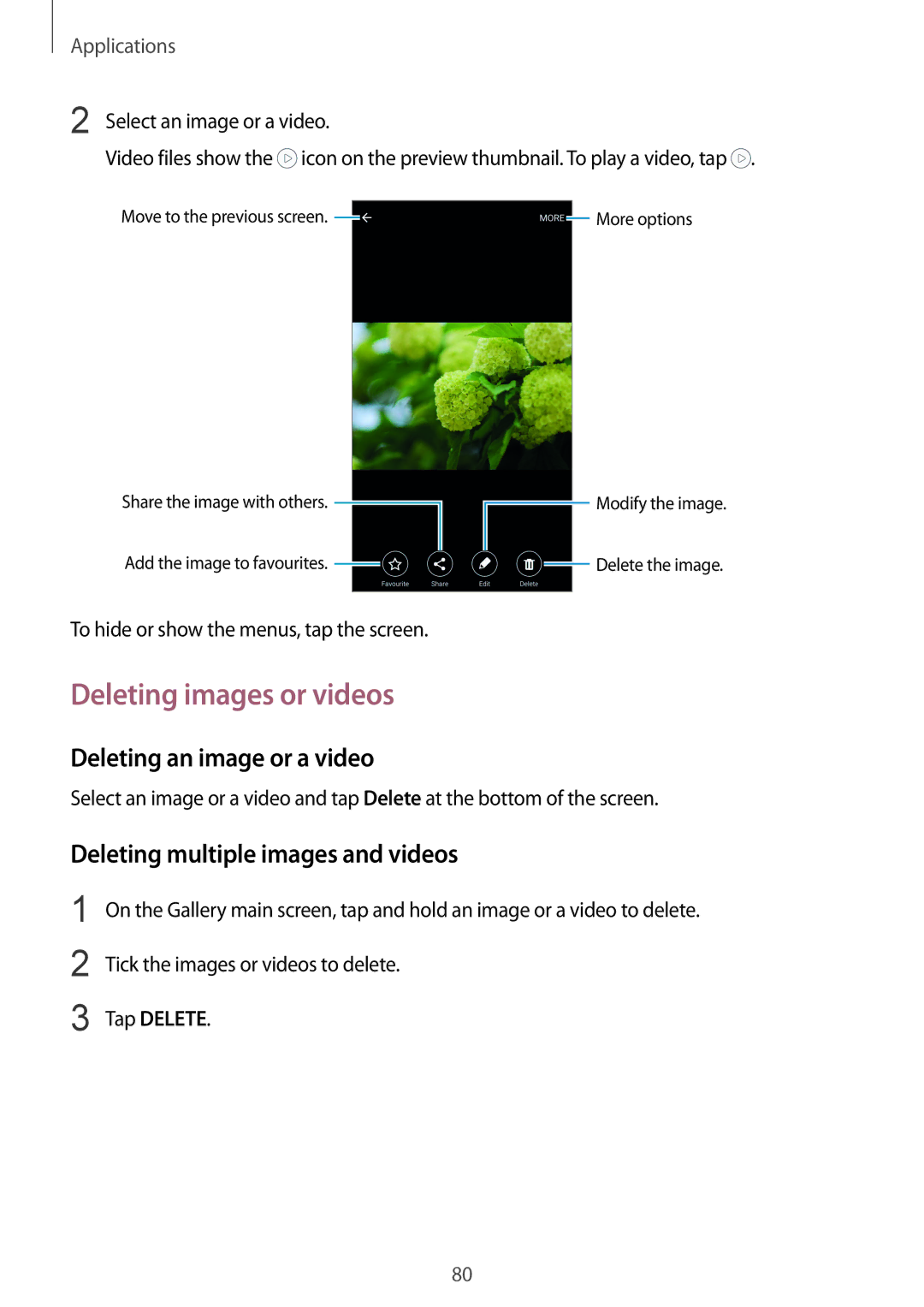 Samsung SM-G925XZKAKSA manual Deleting images or videos, Deleting an image or a video, Deleting multiple images and videos 